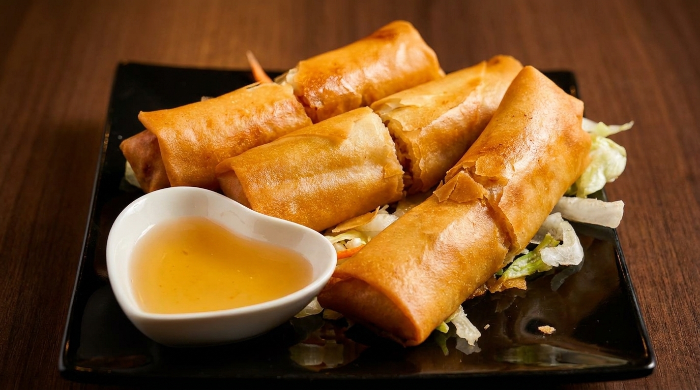 Golden fried spring rolls on a black plate with lettuce and a heart-shaped dish of sauce.