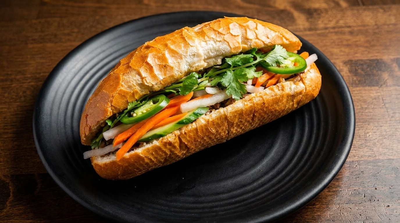 A banh mi sandwich filled with meat, cilantro, jalapeños, carrots, and daikon on a black plate.