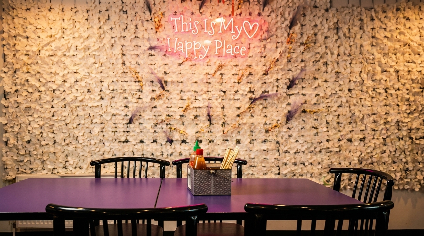 A purple table with black chairs in front of a white floral wall with a neon "This Is My Happy Place" sign.