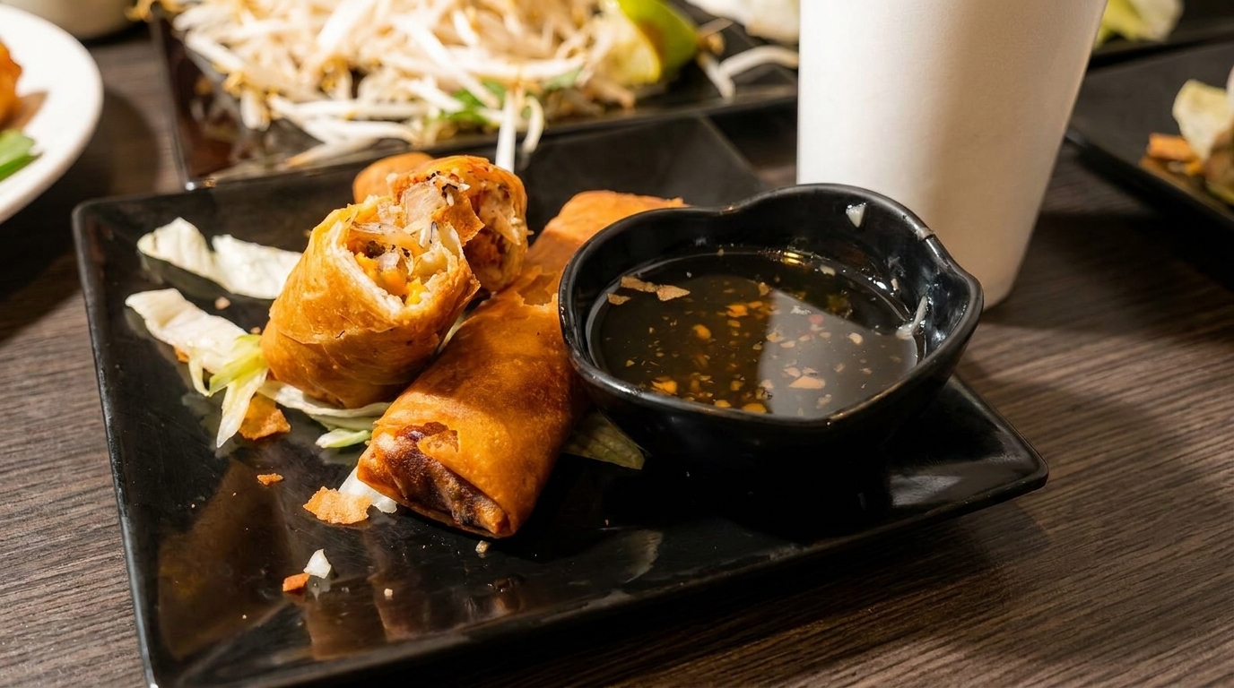 Crispy golden spring rolls with dipping sauce on a black rectangular plate, with other dishes blurred in the background.
