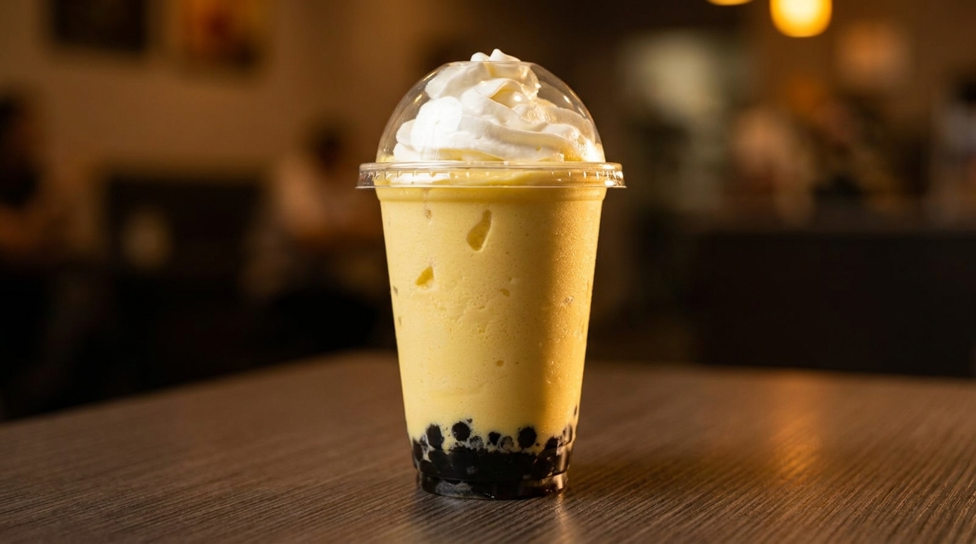 A mango boba smoothie with whipped cream in a clear cup on a wooden table.
