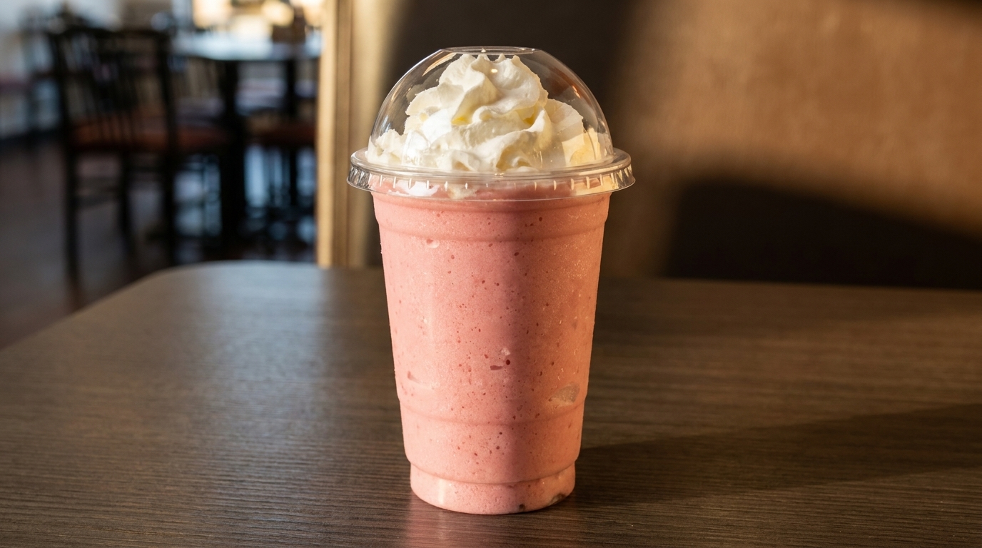 Pink smoothie with whipped cream in a clear plastic cup on a wooden table.