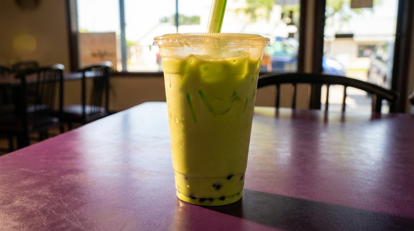 Green boba tea with a straw in a plastic cup on a purple table inside a restaurant.