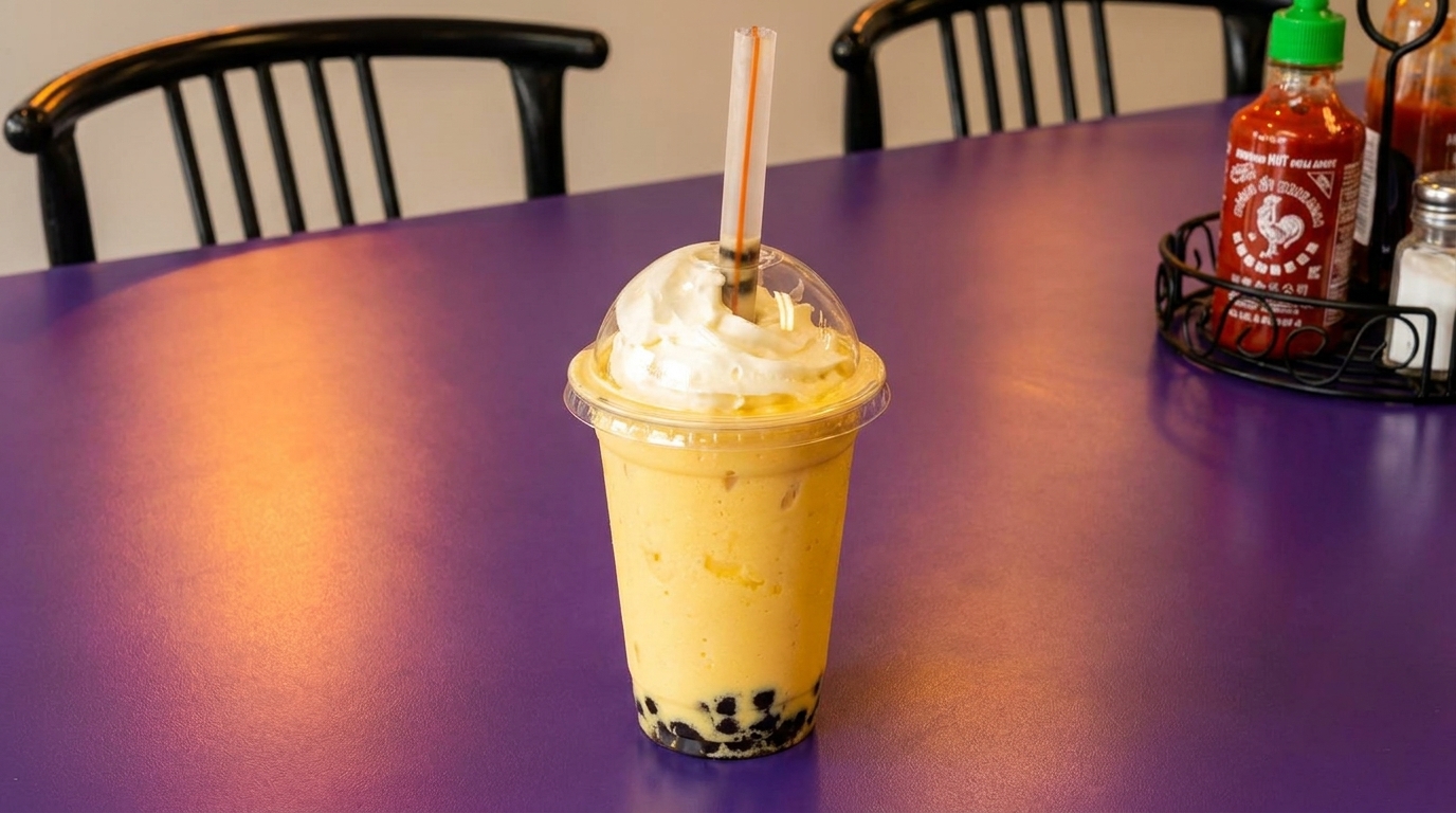 Mango boba tea with whipped cream on a purple table with hot sauce in the background.