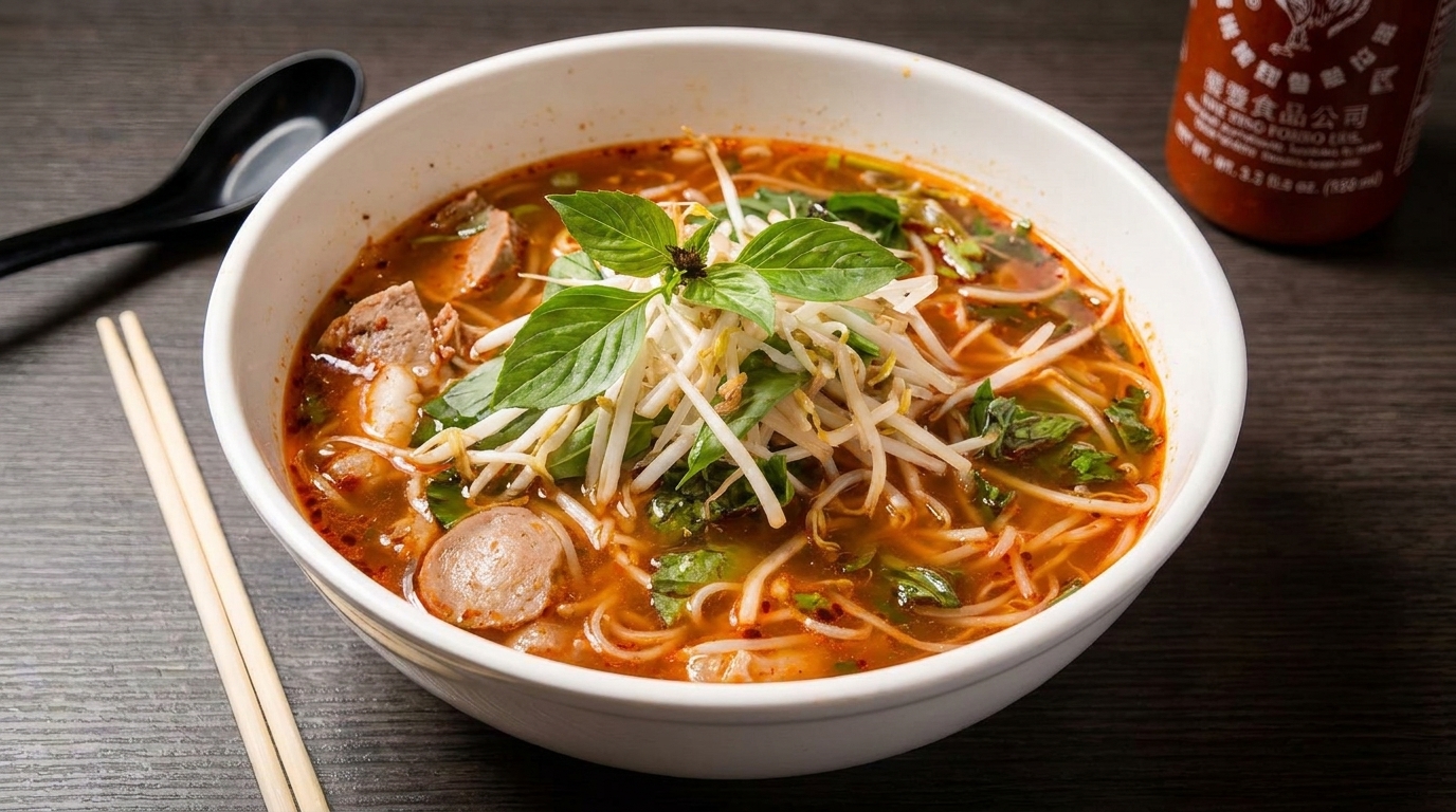 Spicy Vietnamese pho with noodles, meat, bean sprouts, and basil, with chopsticks and Sriracha.