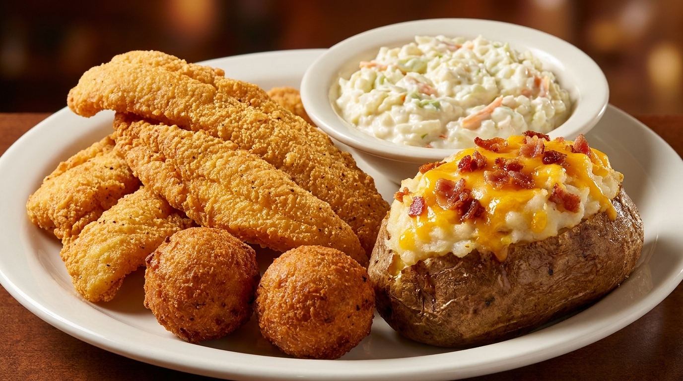 Fried fish fillets, hush puppies, coleslaw, and a loaded baked potato on a white plate.