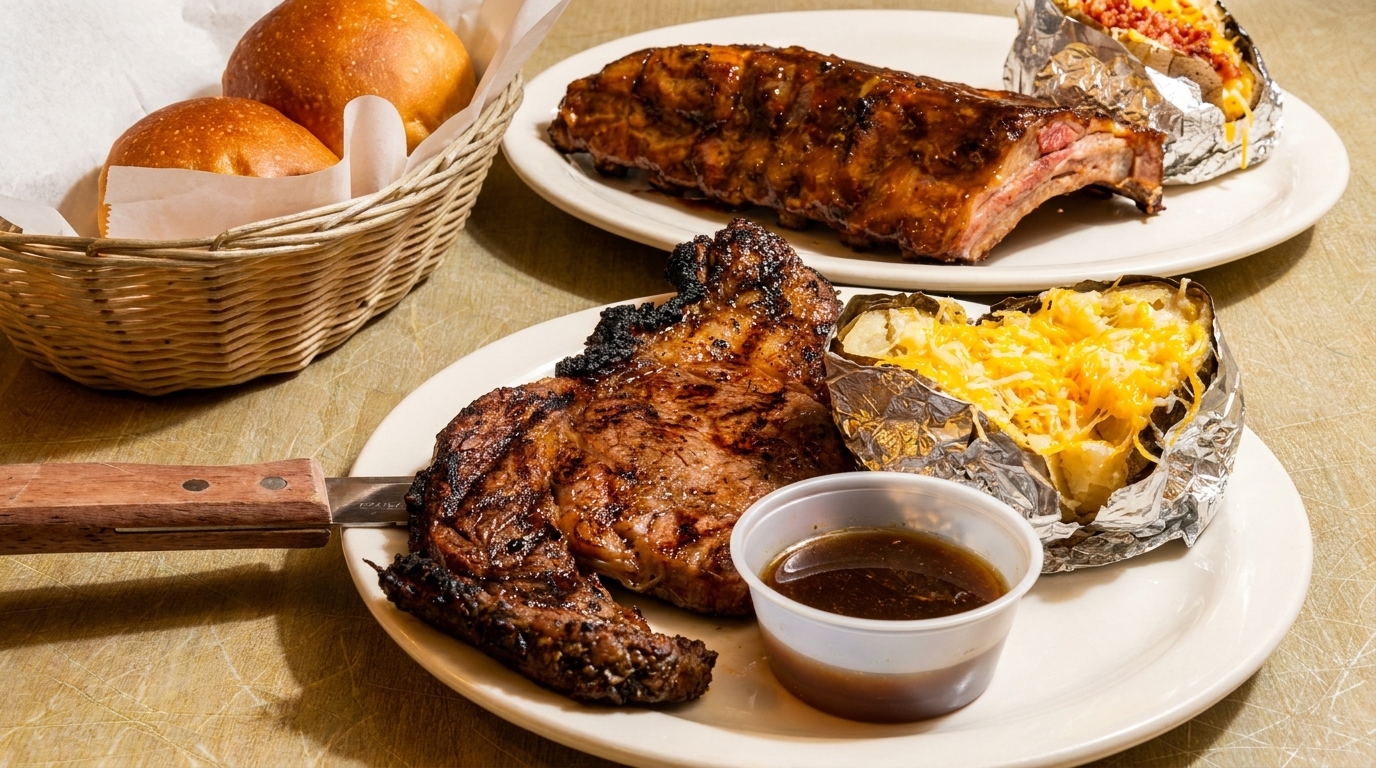 Grilled steak, ribs, baked potatoes with cheese and bacon, and a basket of dinner rolls.