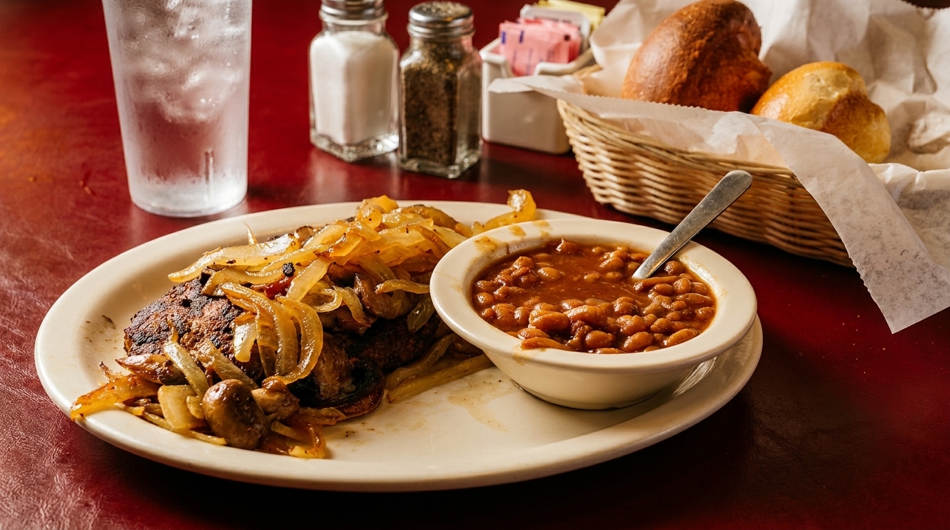 A plate of steak with grilled onions and mushrooms, a side of baked beans, and a glass of water.