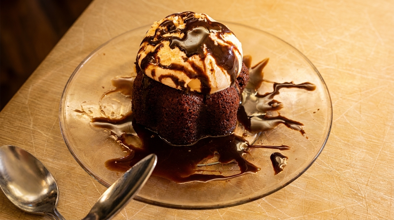 Chocolate lava cake with vanilla ice cream and chocolate syrup on a clear plate with spoons.