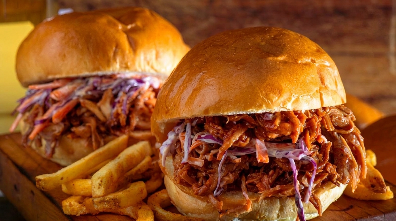 Two pulled pork sandwiches with coleslaw and fries on a wooden board.