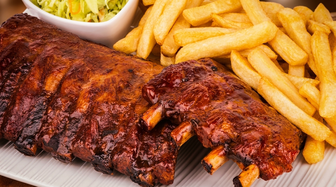Two racks of BBQ ribs with french fries and coleslaw on a white plate.