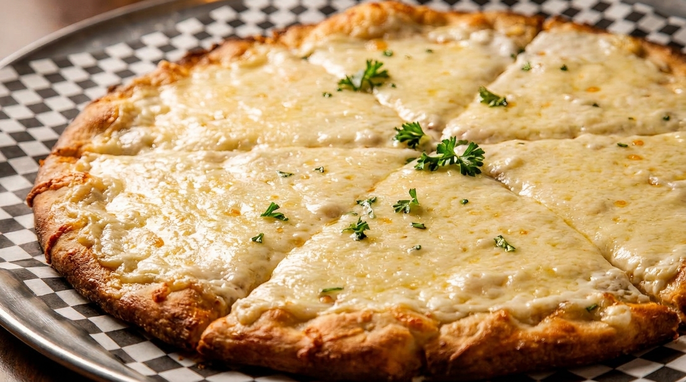 A freshly baked cheese pizza, cut into slices, garnished with parsley on a checkered paper-lined tray.
