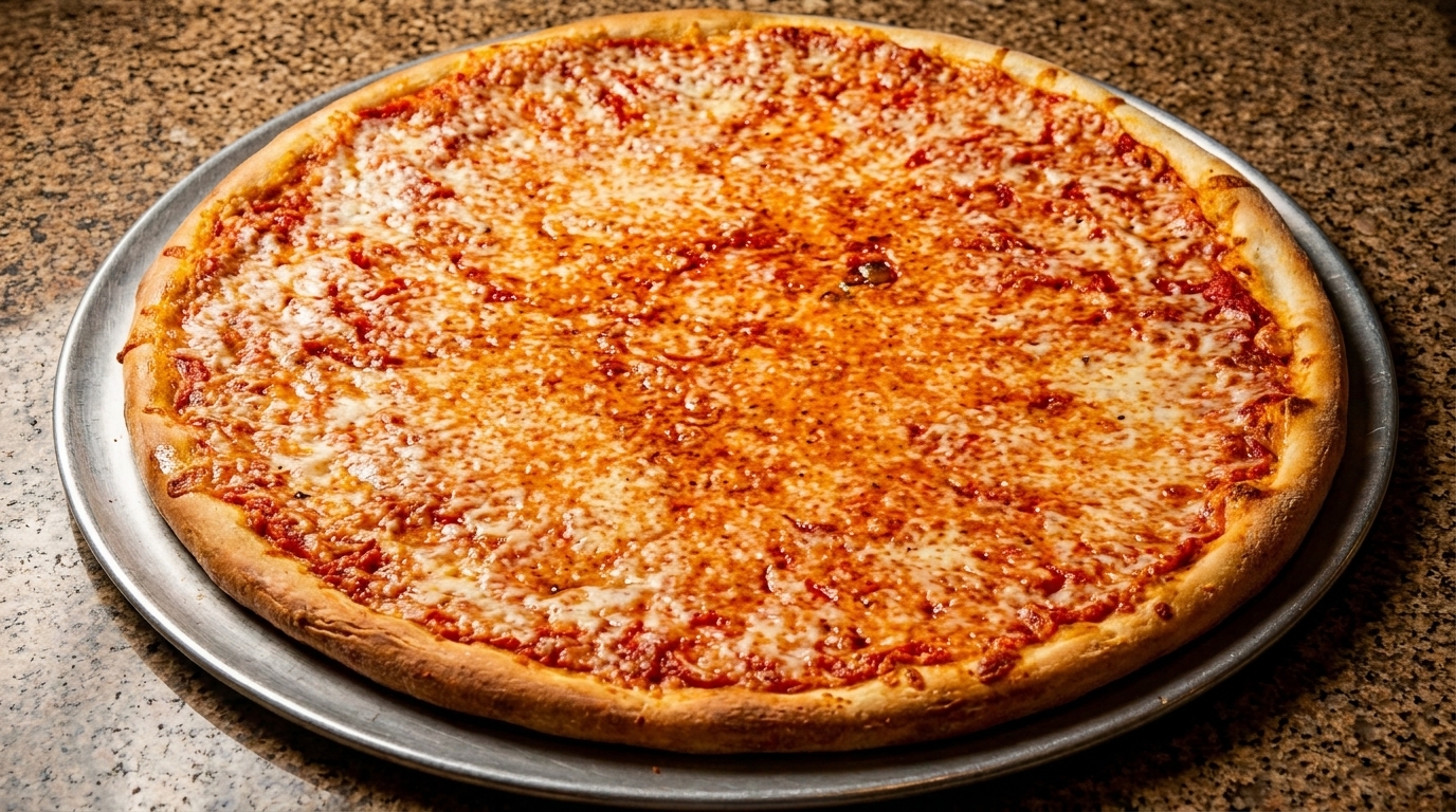 Large cheese pizza with a golden crust, served on a metal tray on a speckled countertop.