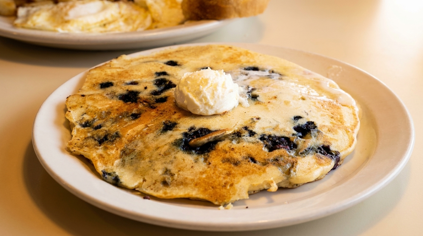 A blueberry pancake with a dollop of butter and syrup on a white plate.