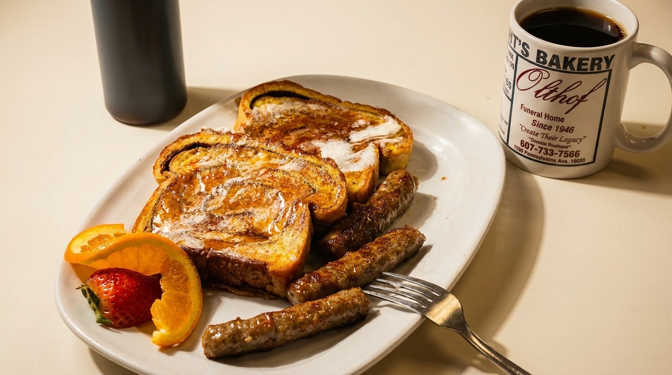 French toast with sausage, orange slices, and a strawberry, next to a coffee mug.