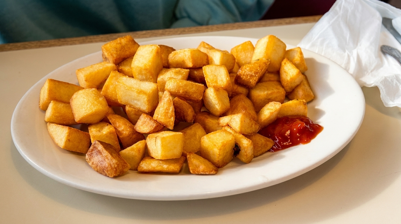 A white plate filled with golden-brown home fries and a dollop of ketchup on a light-colored table.