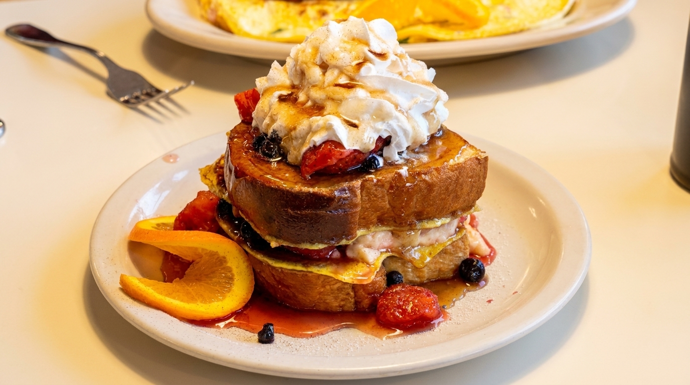 Stacked French toast with whipped cream, berries, syrup, and orange slices on a white plate.