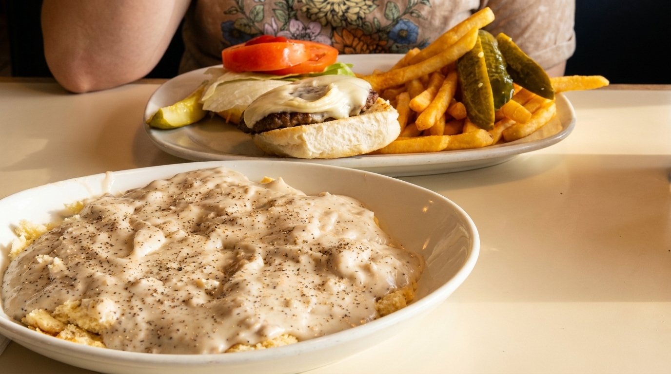 A plate of biscuits and gravy in the foreground, with a cheeseburger and fries in the background.