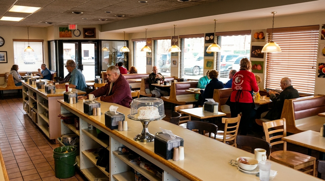 Diners seated at tables and a counter in a brightly lit restaurant with a waitress serving food.