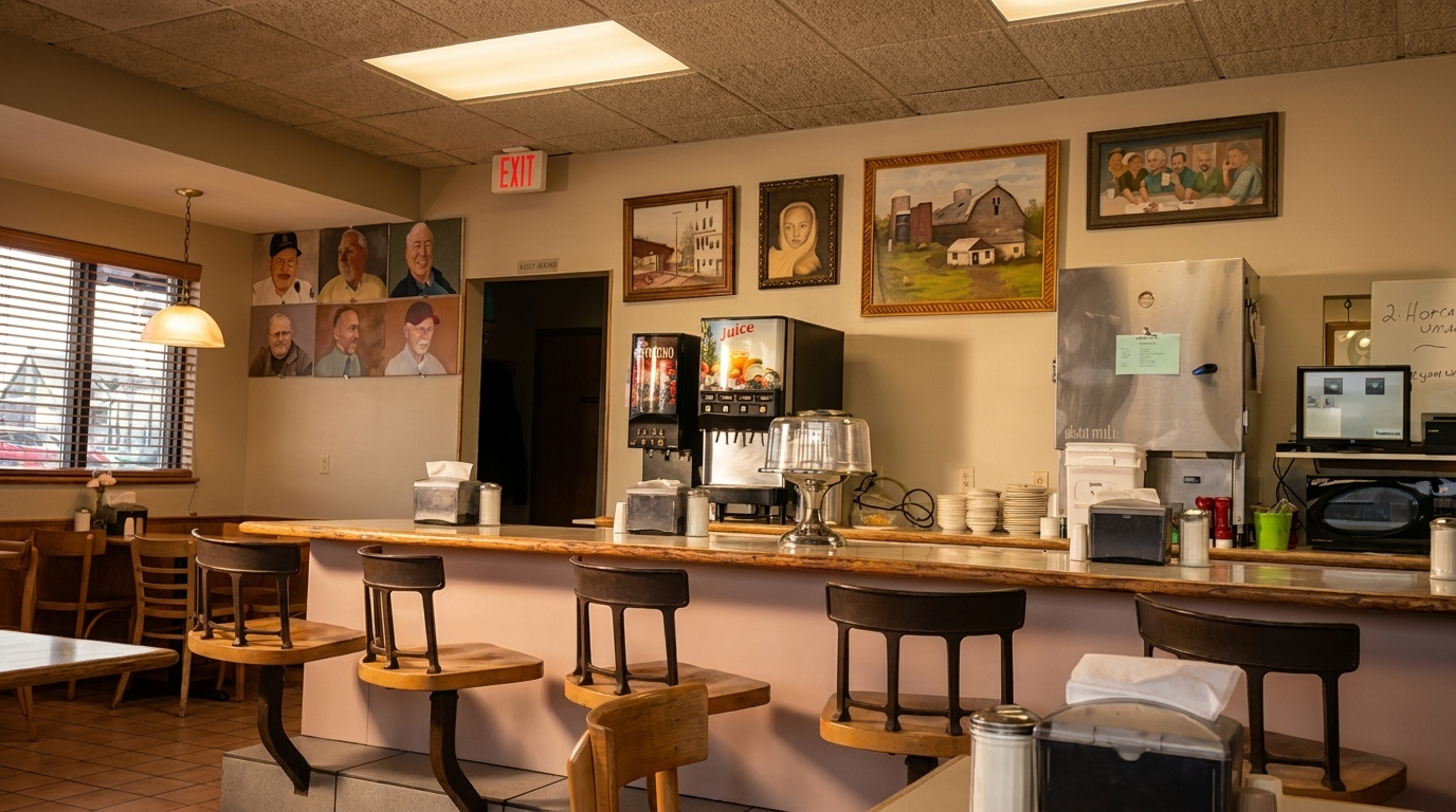 A diner interior with a long counter, bar stools, and framed portraits on the wall.