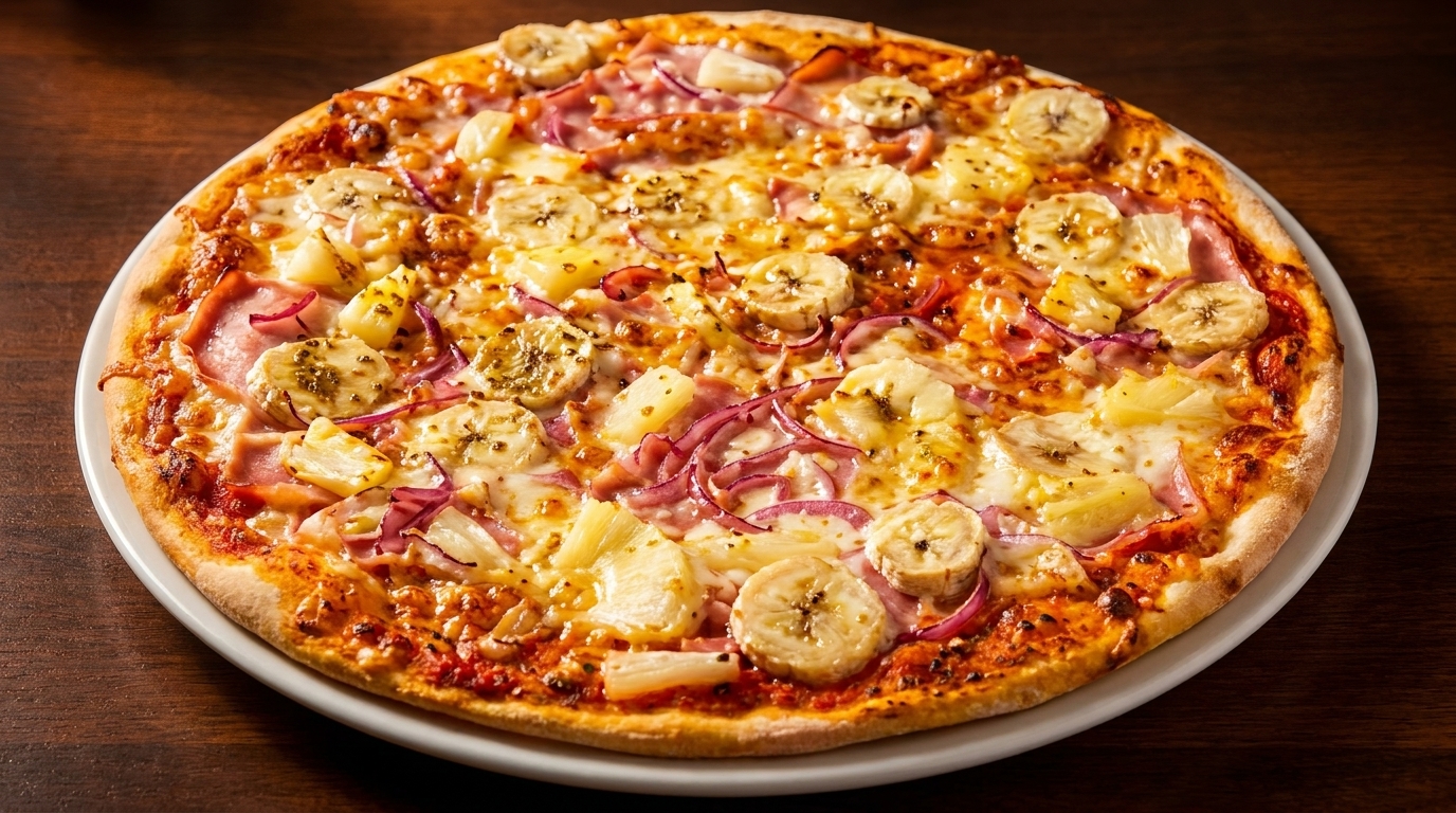 A whole pizza topped with ham, pineapple, red onion, and banana slices on a white plate.