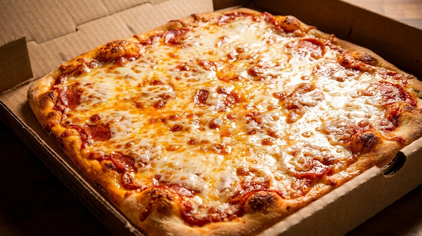 A freshly baked pepperoni and cheese pizza sits in an open cardboard delivery box.