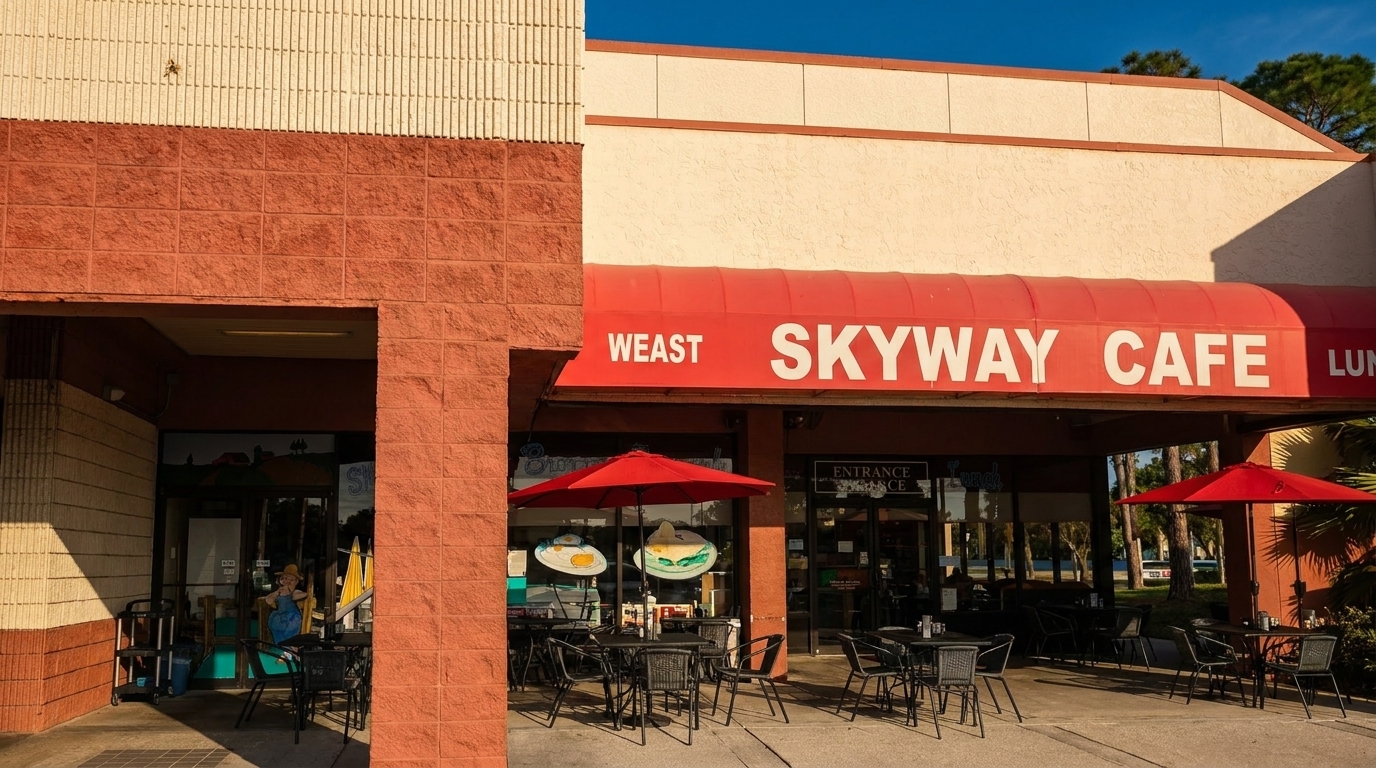 Exterior of Skyway Cafe with a red awning, outdoor seating, and red umbrellas.