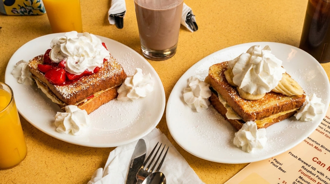 Two plates of French toast topped with whipped cream, one with strawberries, the other with bananas.