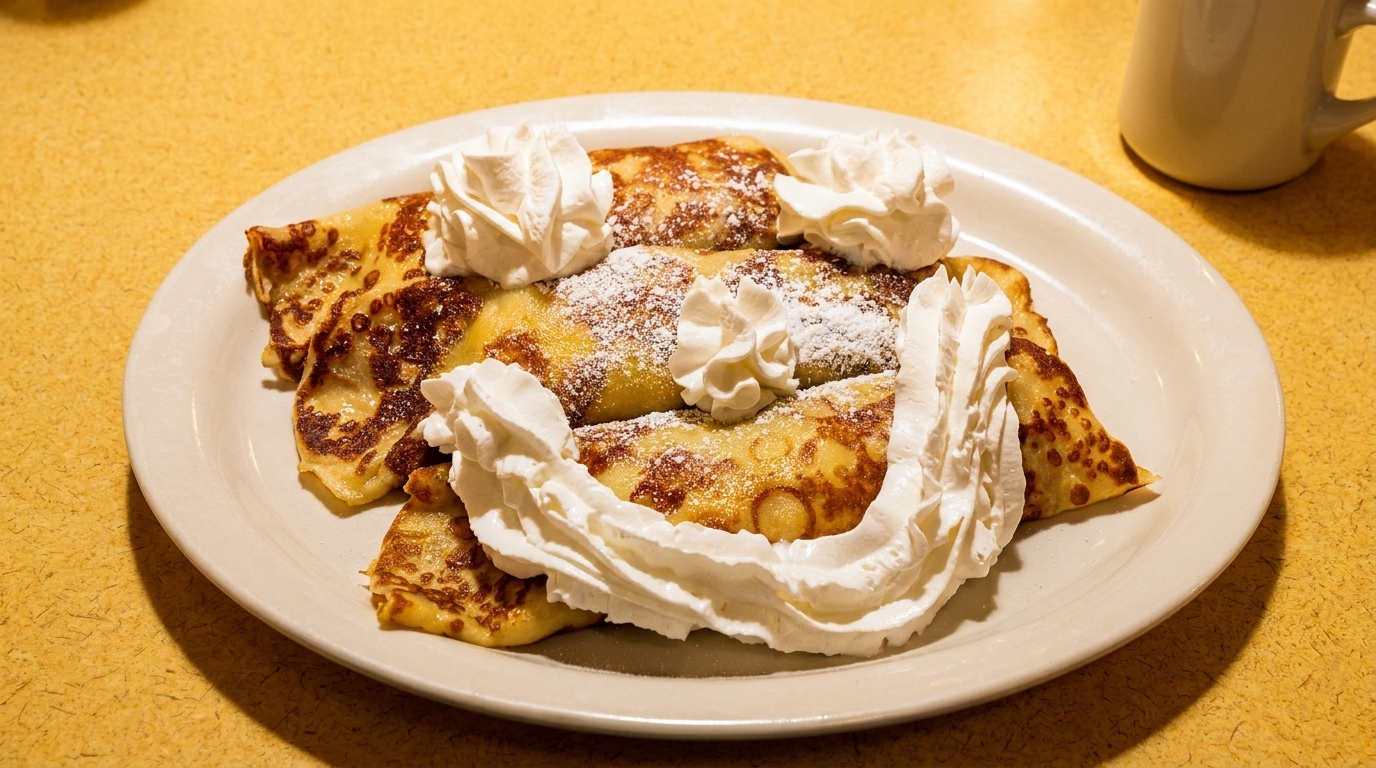 Four golden crepes topped with whipped cream and powdered sugar on a white plate.
