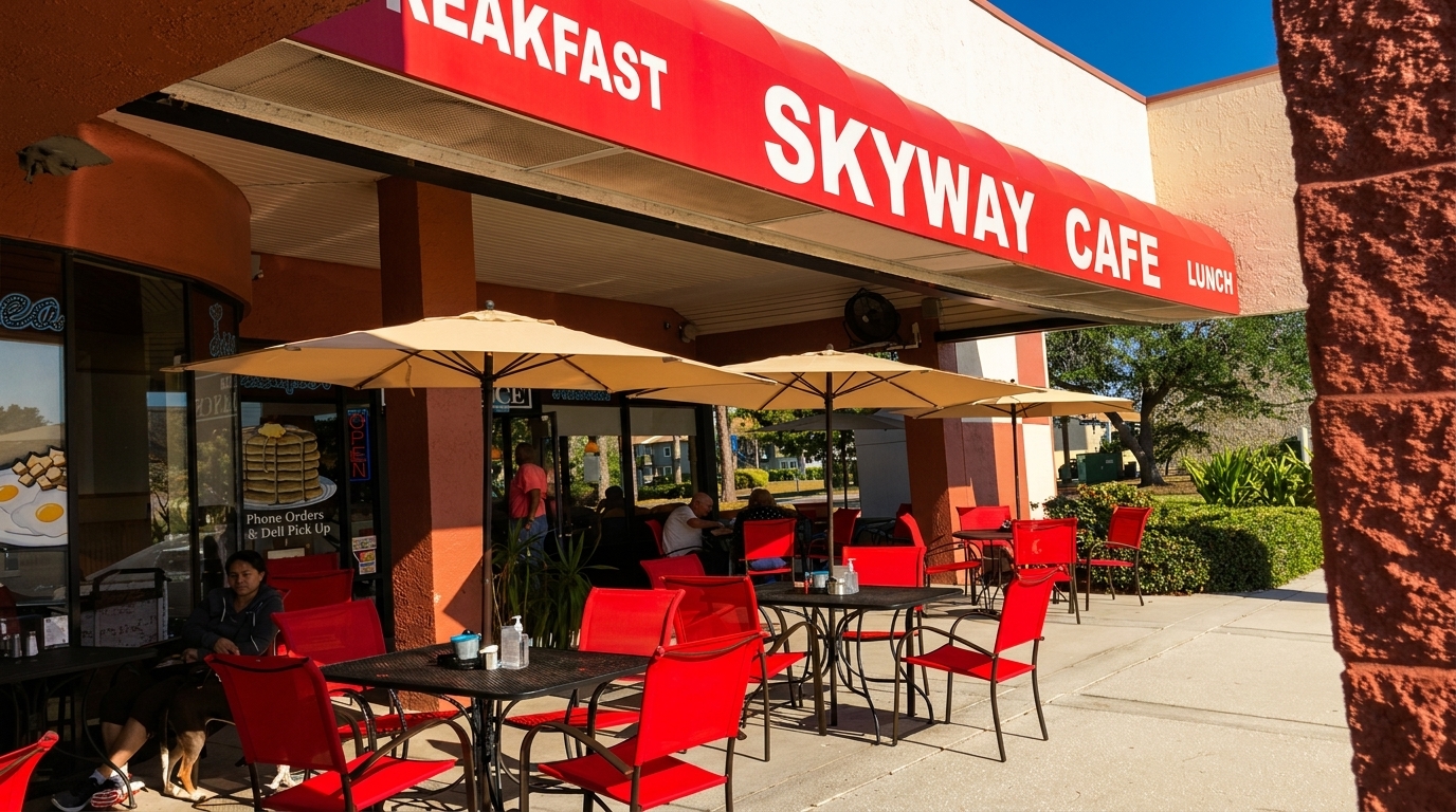 Skyway Cafe exterior with red awning, outdoor seating, umbrellas, and patrons enjoying the patio.