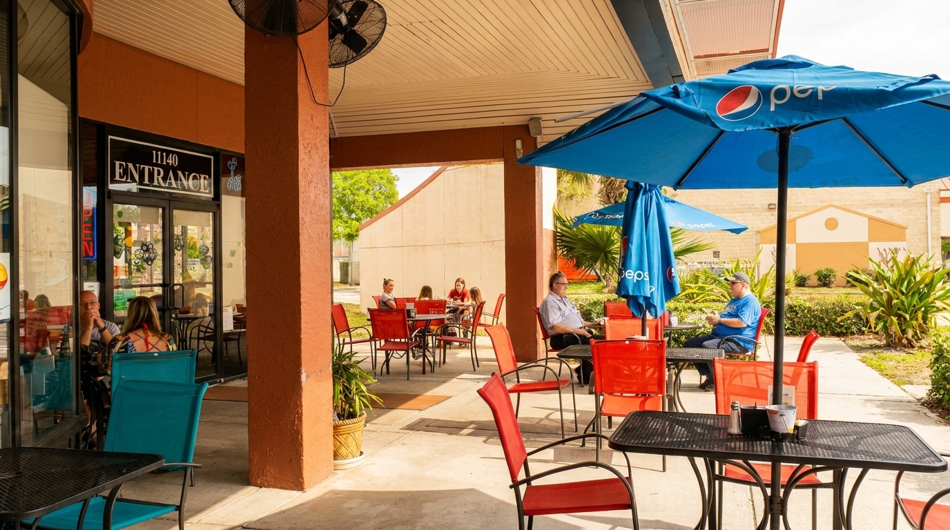 Outdoor patio dining area with people seated at tables under blue Pepsi umbrellas.