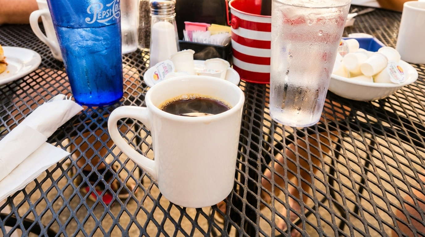 A white mug of coffee, a blue Pepsi glass, and a water glass on a black mesh outdoor table.