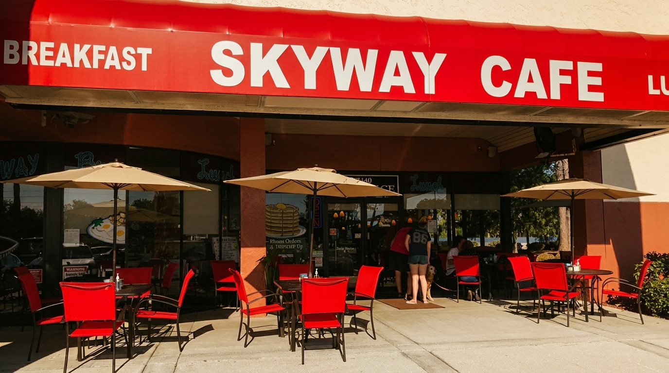 Skyway Cafe's red awning and outdoor patio with red chairs and beige umbrellas on a sunny day.