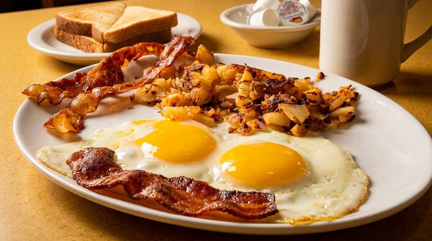 A breakfast plate with two fried eggs, crispy bacon, and hash browns, with toast and coffee in the background.