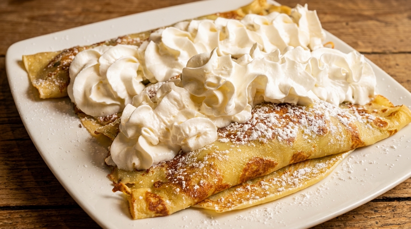 Two golden crepes topped with generous dollops of whipped cream and powdered sugar on a white plate.