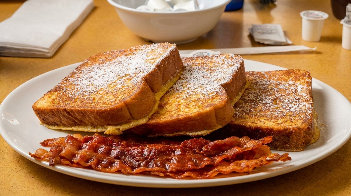 Three slices of golden French toast with powdered sugar and crispy bacon on a white plate.