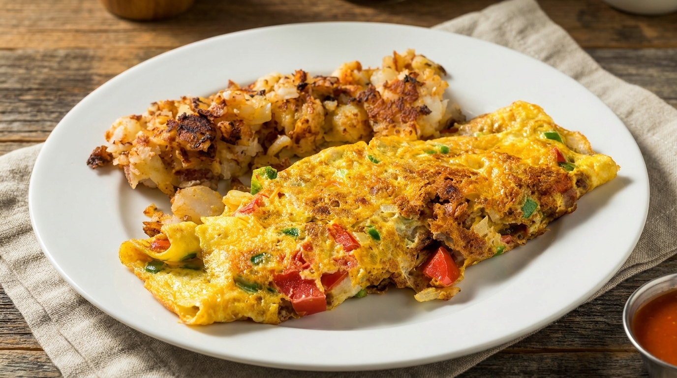 A golden omelet with red and green peppers, served with crispy hash browns on a white plate.
