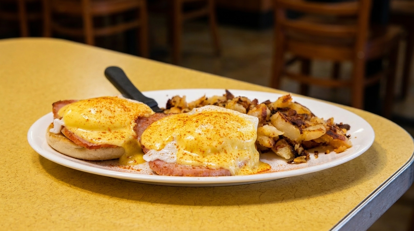 Eggs Benedict with hollandaise sauce and a side of crispy home fries on a yellow diner table.