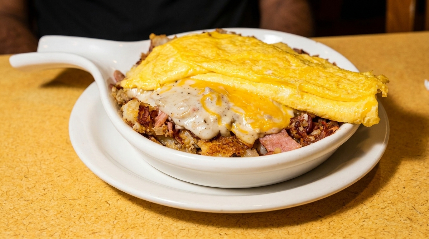 A breakfast skillet with potatoes, ham, gravy, cheese, and an omelet on a yellow table.