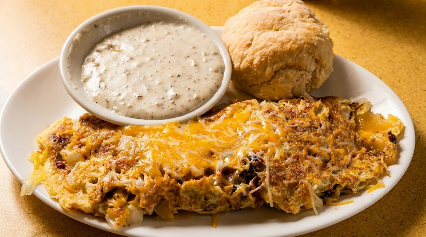 A cheesy omelet with a side of gravy and a biscuit on a white plate.