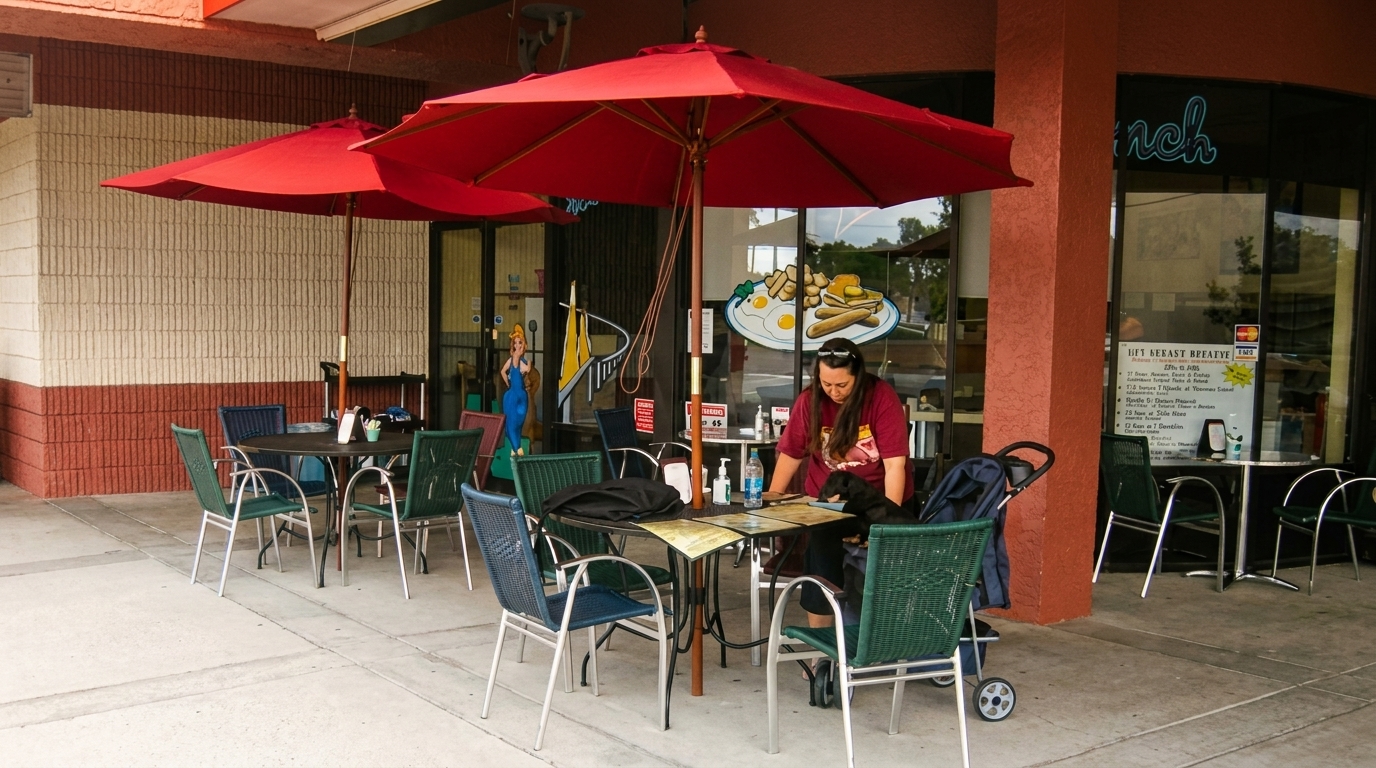 A woman and her dog sit at an outdoor cafe table under red umbrellas.