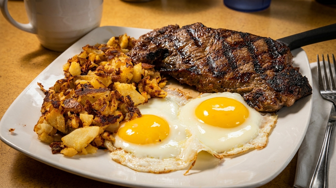 A plate of grilled steak, crispy hash browns, and two sunny-side-up eggs.