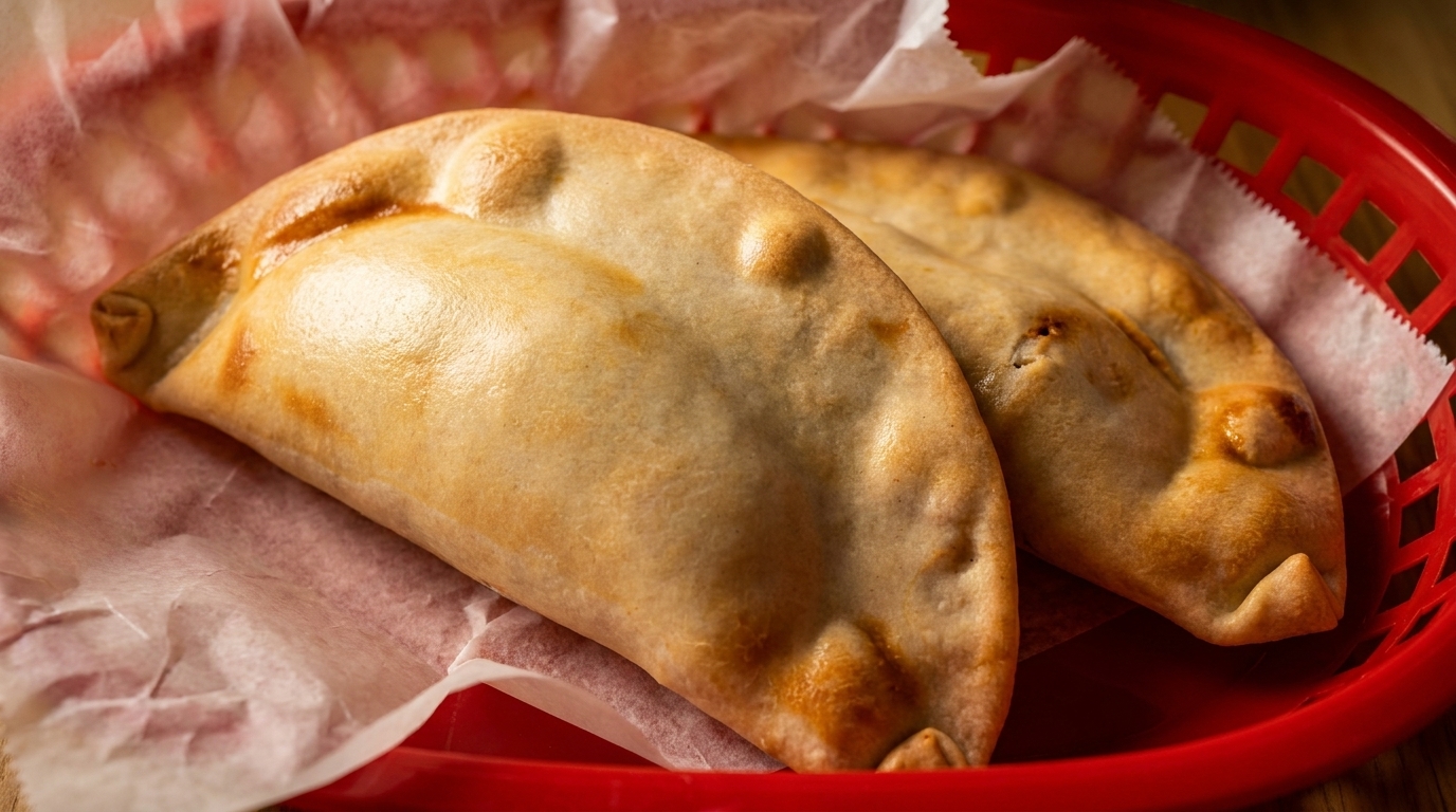 Two golden-brown empanadas in a red plastic basket lined with white parchment paper.