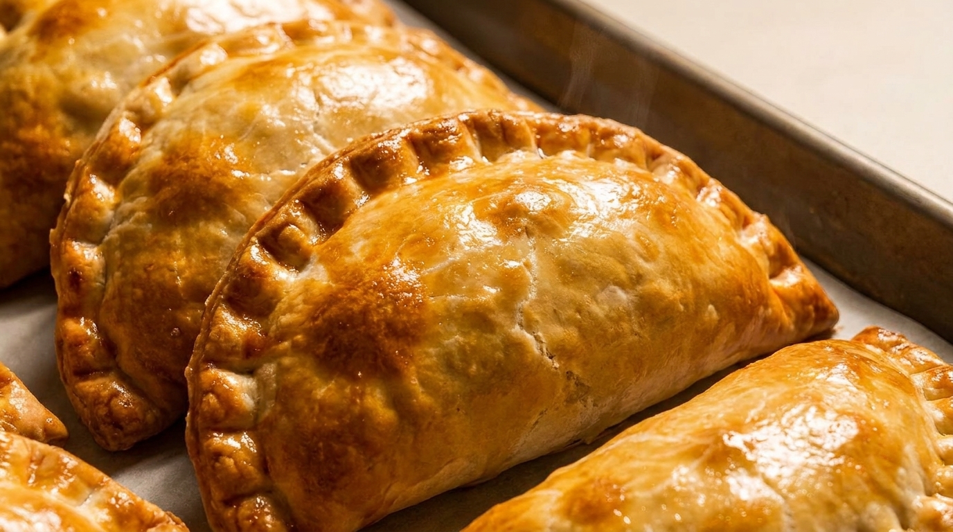 Golden brown, freshly baked empanadas with crimped edges, steaming on a baking sheet.