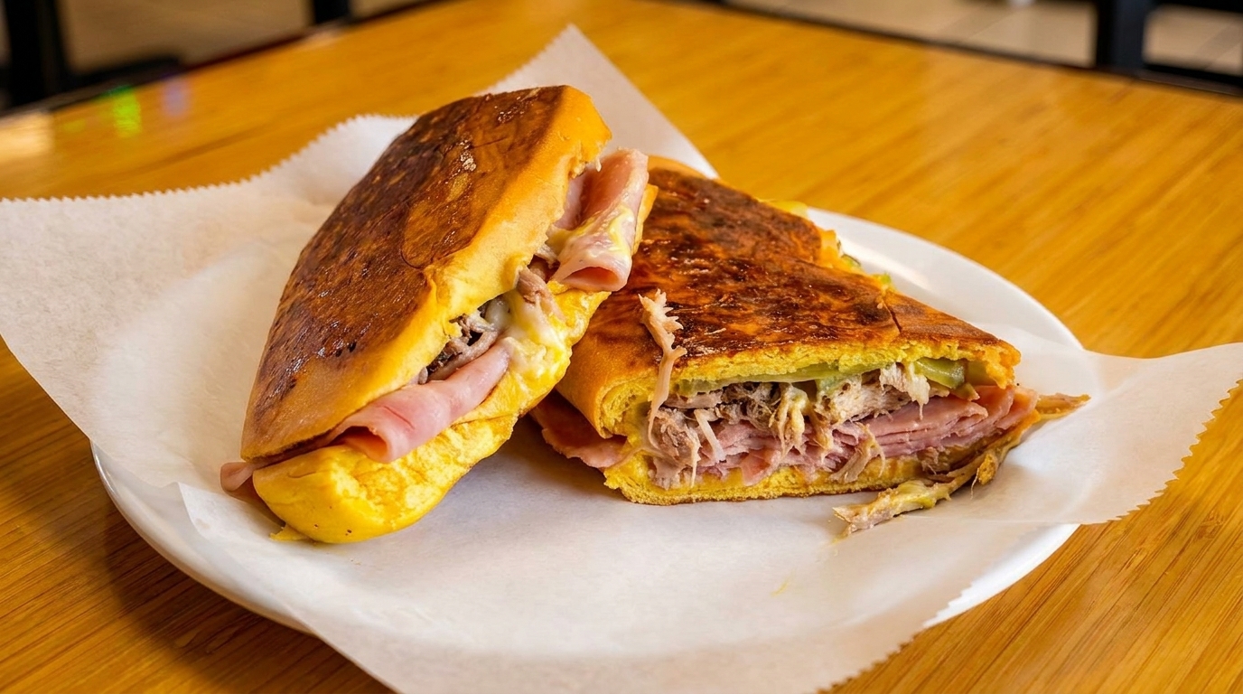 A Cuban sandwich, cut in half, revealing ham, roasted pork, Swiss cheese, pickles, and mustard.