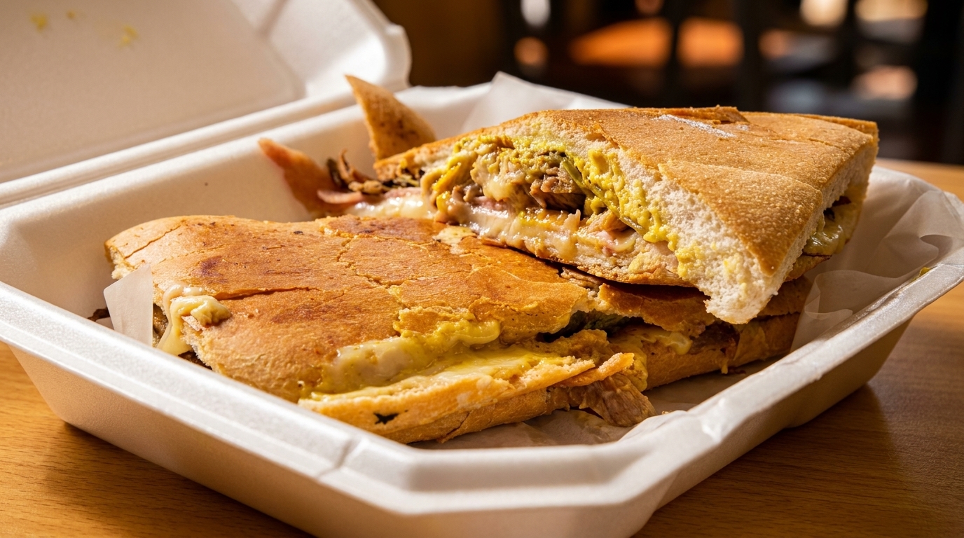 A sliced Cuban sandwich with melted cheese and mustard in a white takeout container.
