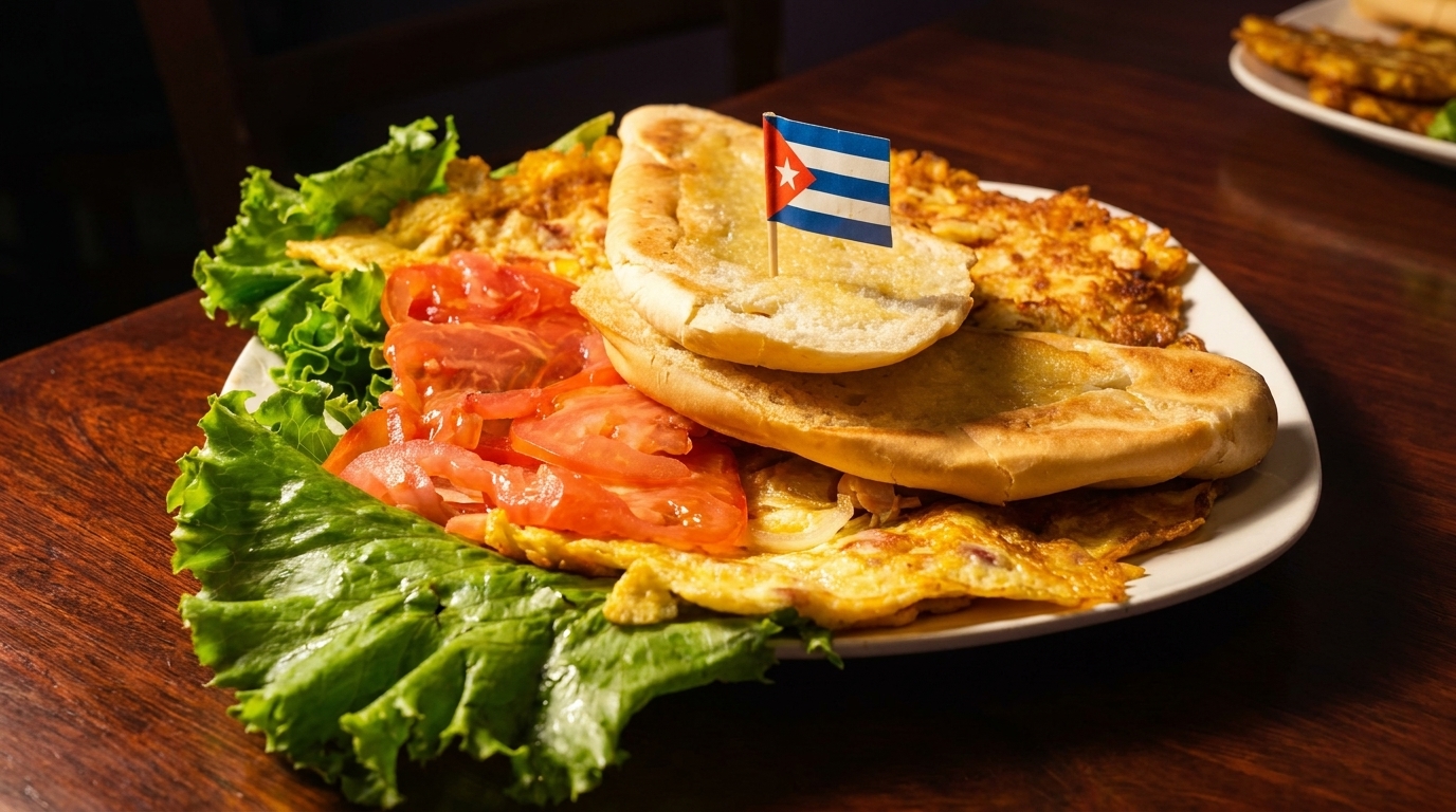 Cuban breakfast plate with scrambled eggs, lettuce, tomatoes, toasted bread, and a Cuban flag pick.