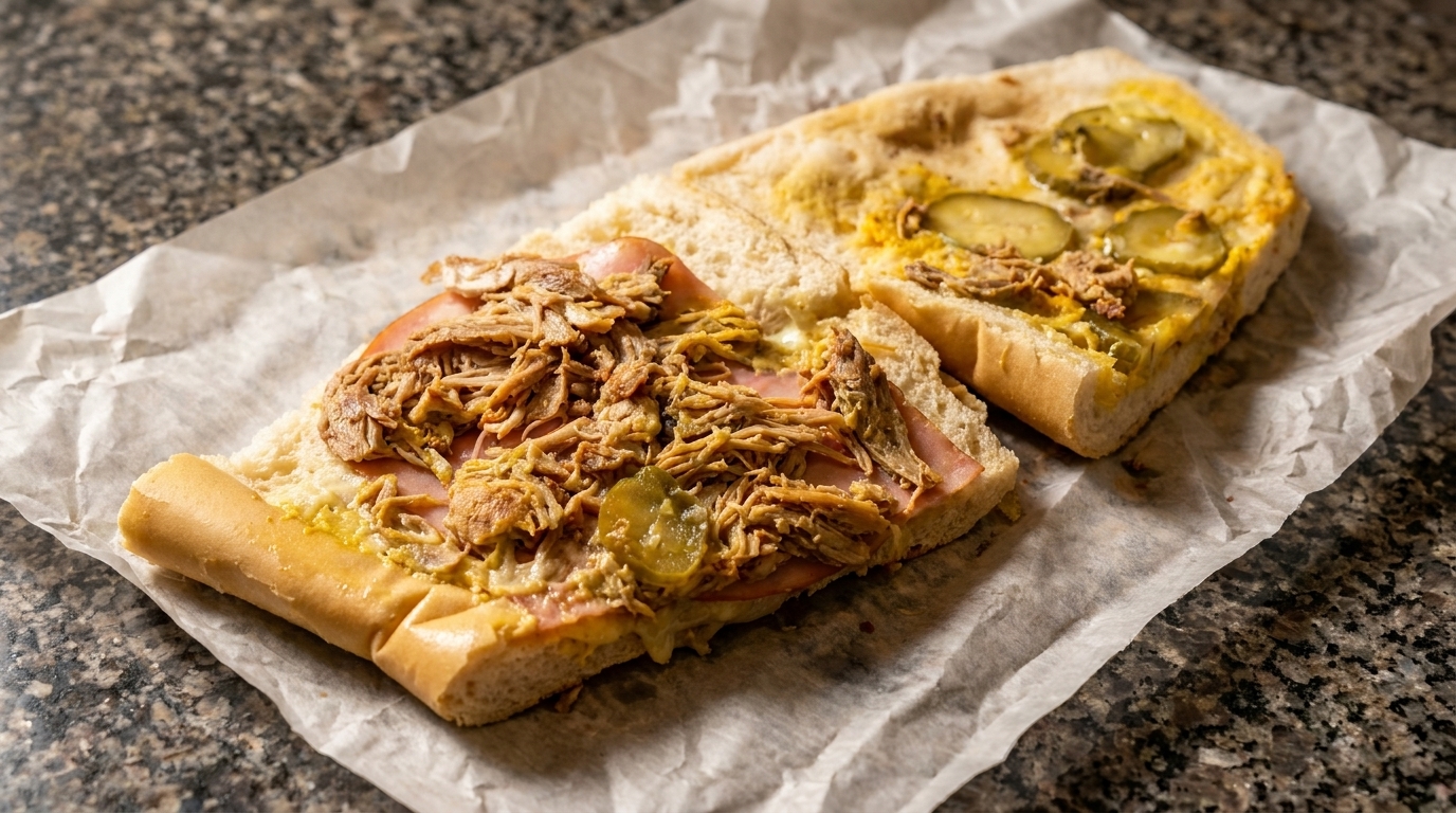 A Cuban sandwich, open-faced, revealing shredded pork, ham, mustard, and pickles on a counter.