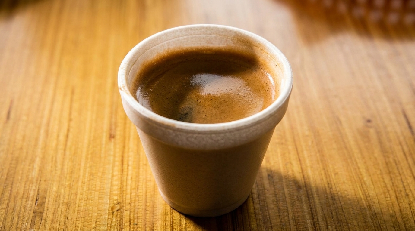 Close-up of a small cup of espresso with rich crema on a wooden table.