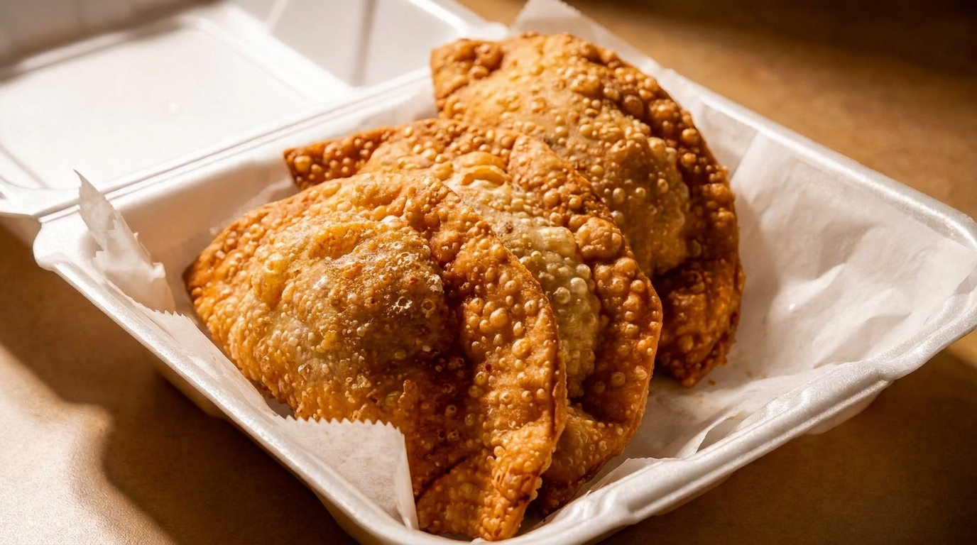 Three golden-brown, crispy empanadas in a white takeout container lined with parchment paper.